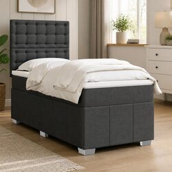 King Single Box Spring Bed with Pocket Mattress Height-Adjustable Headboard Grey