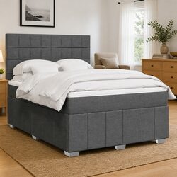 Double Box Spring Bed with Pocket Mattress Height-Adjustable Headboard Grey