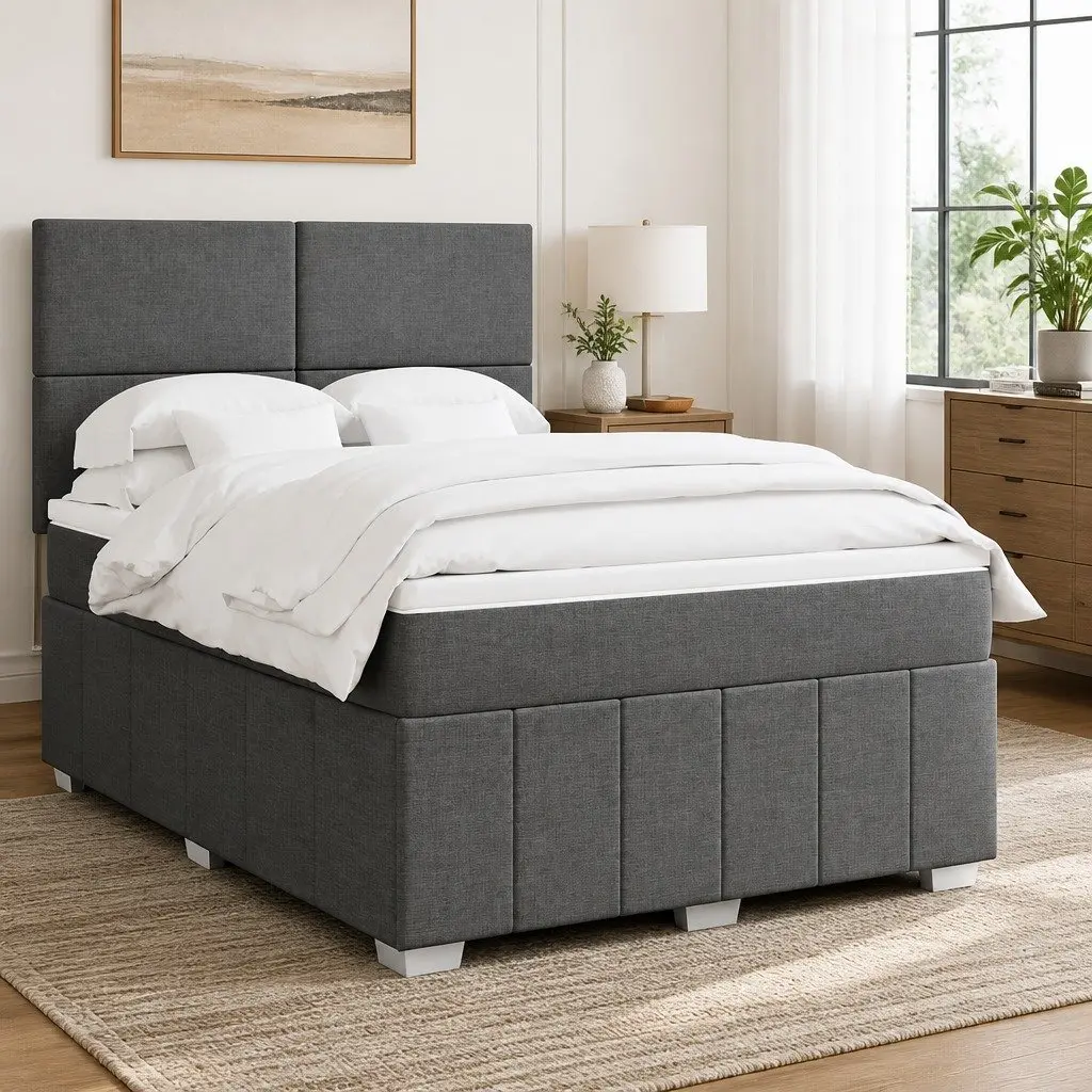 Queen Box Spring Bed with Pocket Mattress Height-Adjustable Headboard Grey