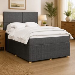 Double Box Spring Bed with Pocket Mattress Height-Adjustable Headboard Grey