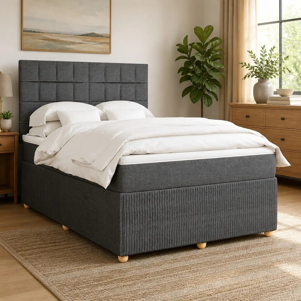 Queen Box Spring Bed with Pocket Spring Mattress Height-Adjustable Headboard Dark Grey