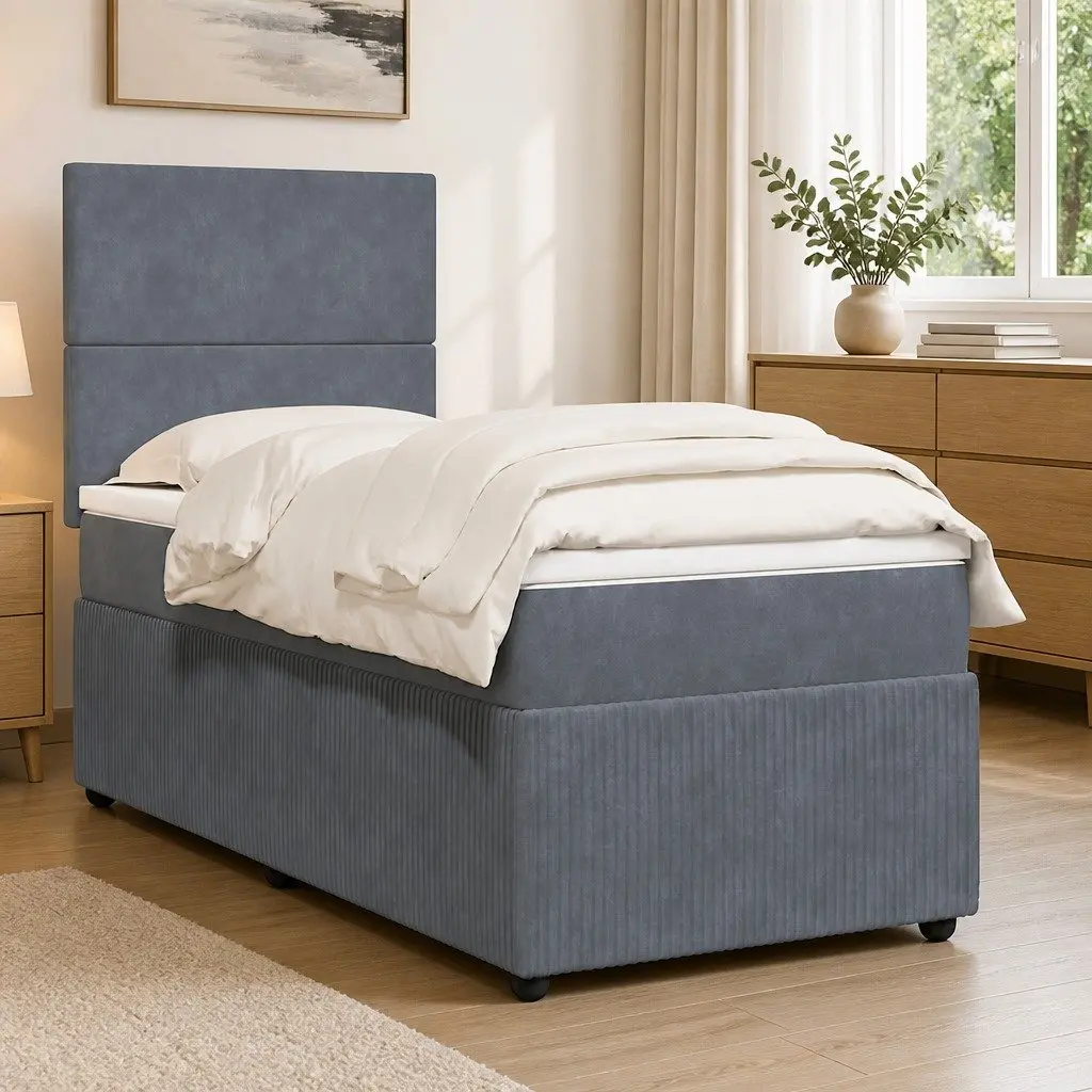 King Single Box Spring Bed with Adjustable Headboard Grey Velvet Fabric and Pocket Spring Mattress