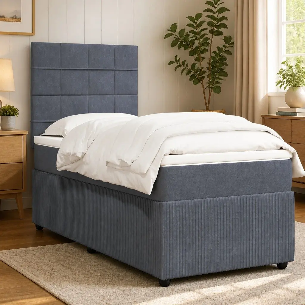 Box Spring Bed Grey Velvet Adjustable Headboard with Pocket Spring Mattress King Single