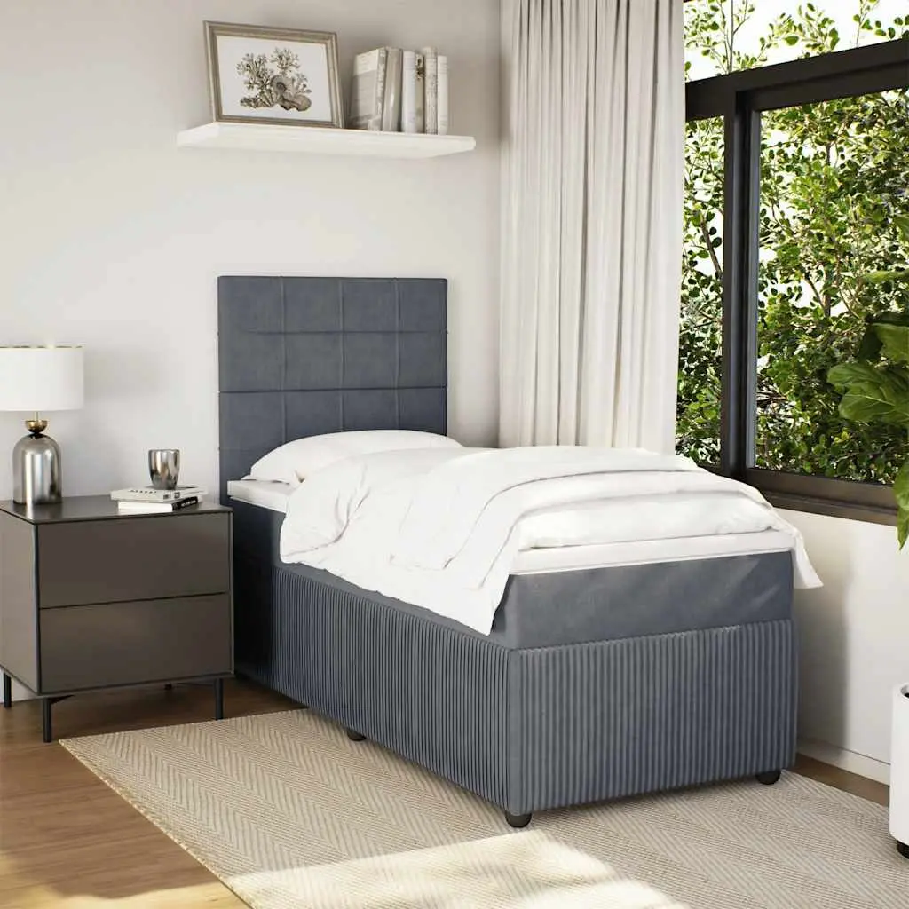 Box Spring Bed Grey Velvet Adjustable Headboard with Pocket Spring Mattress King Single
