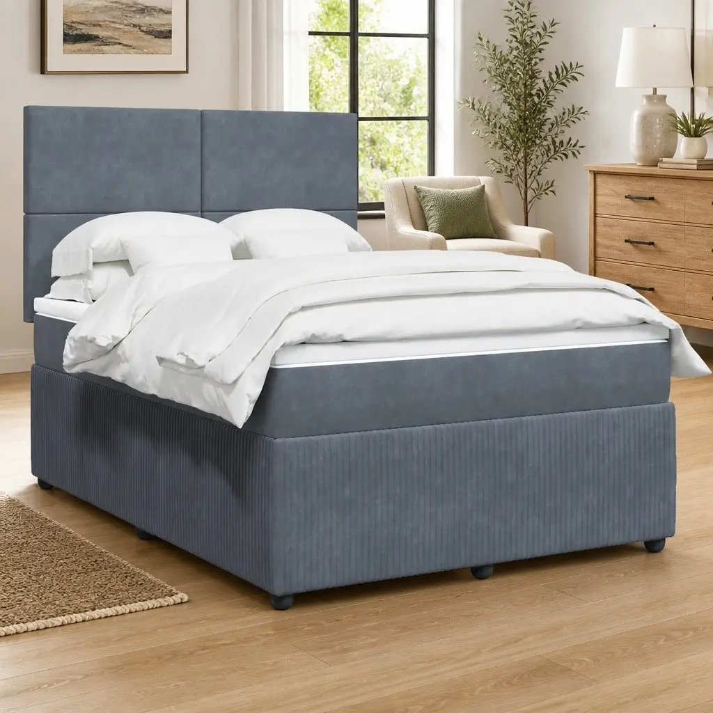 Box Spring Bed Pocket Spring Mattress Grey Double Velvet Adjustable