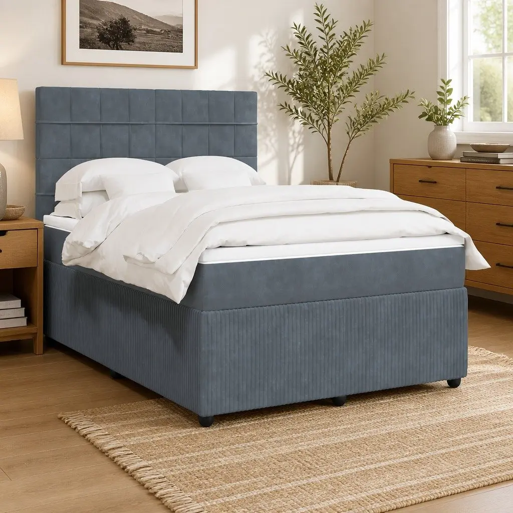 Queen Box Spring Bed with Pocket Sprung Mattress Grey Velvet Adjustable