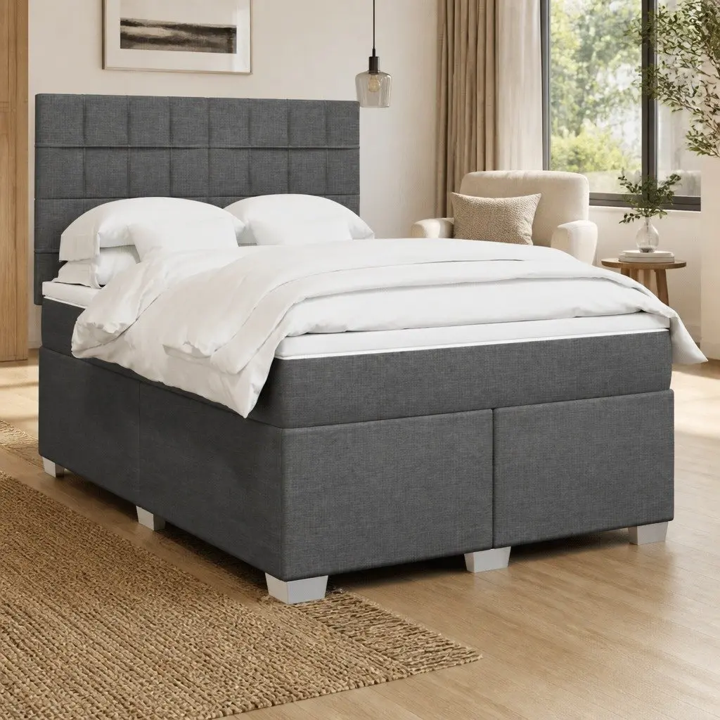Queen Fabric Box Spring Bed with Adjustable LED Headboard and Pocket Spring Mattress in Dark Grey