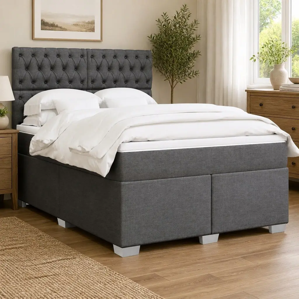 Queen Bed with Pocket Spring Mattress Adjustable Headboard and LED Lights Grey