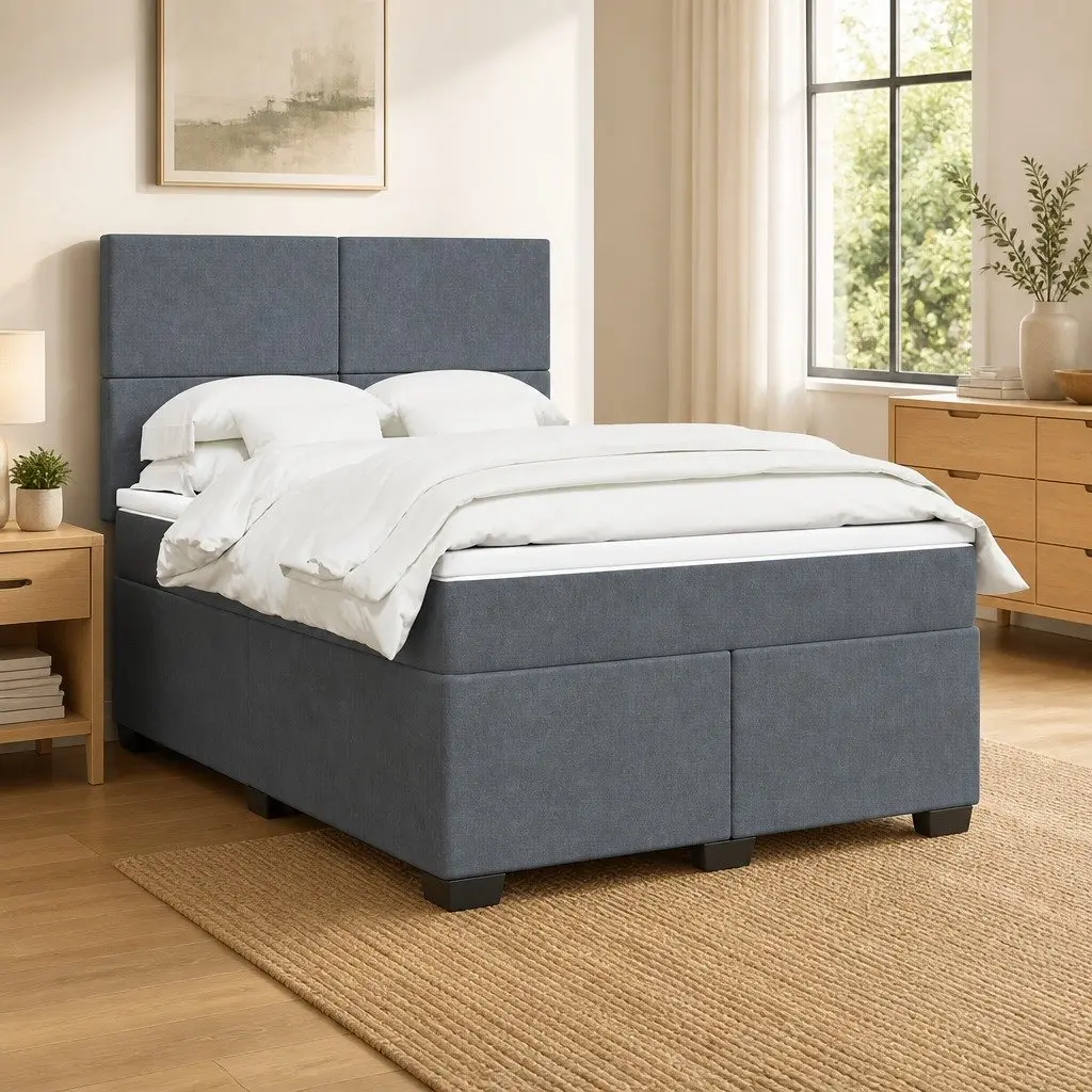 Box Spring Bed with Pocket Mattress LED Lights Adjustable Headboard Dark Grey
