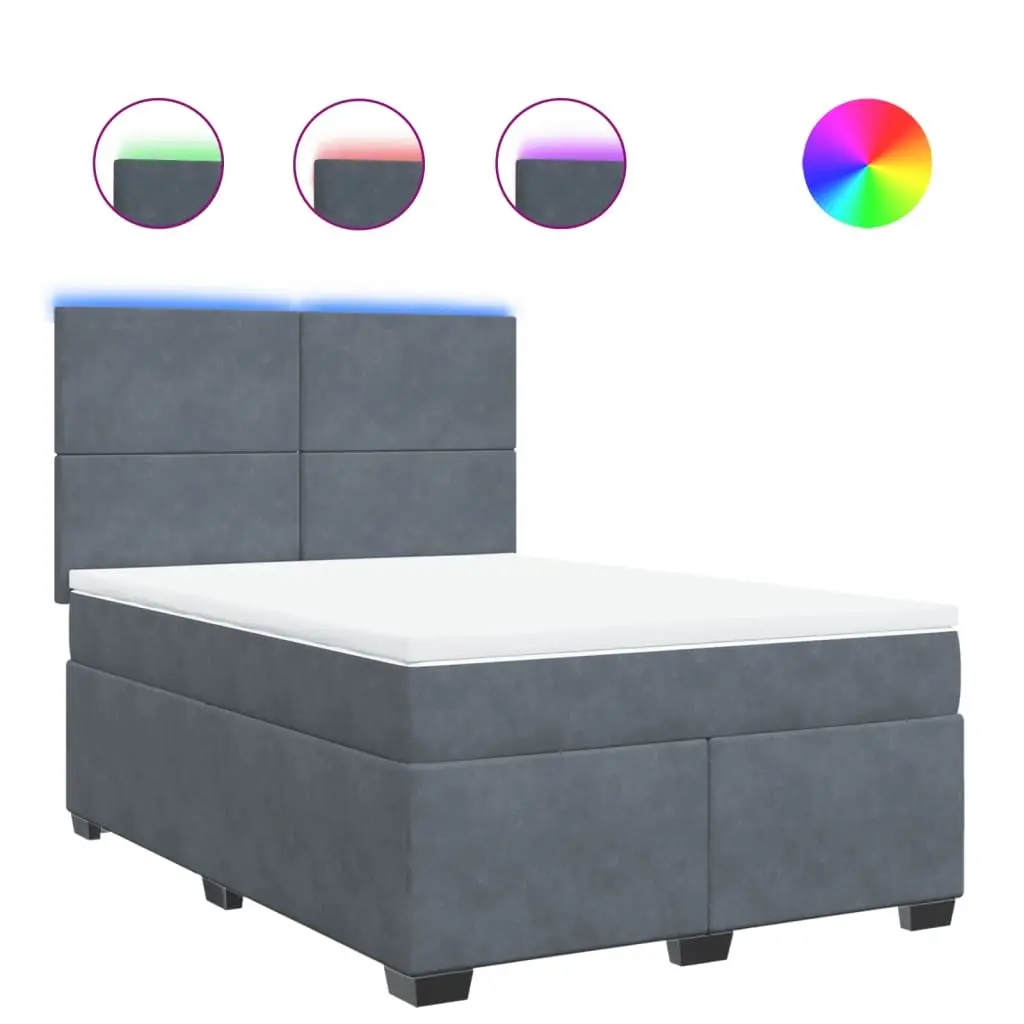 Box Spring Bed with Pocket Mattress LED Lights Adjustable Headboard Dark Grey