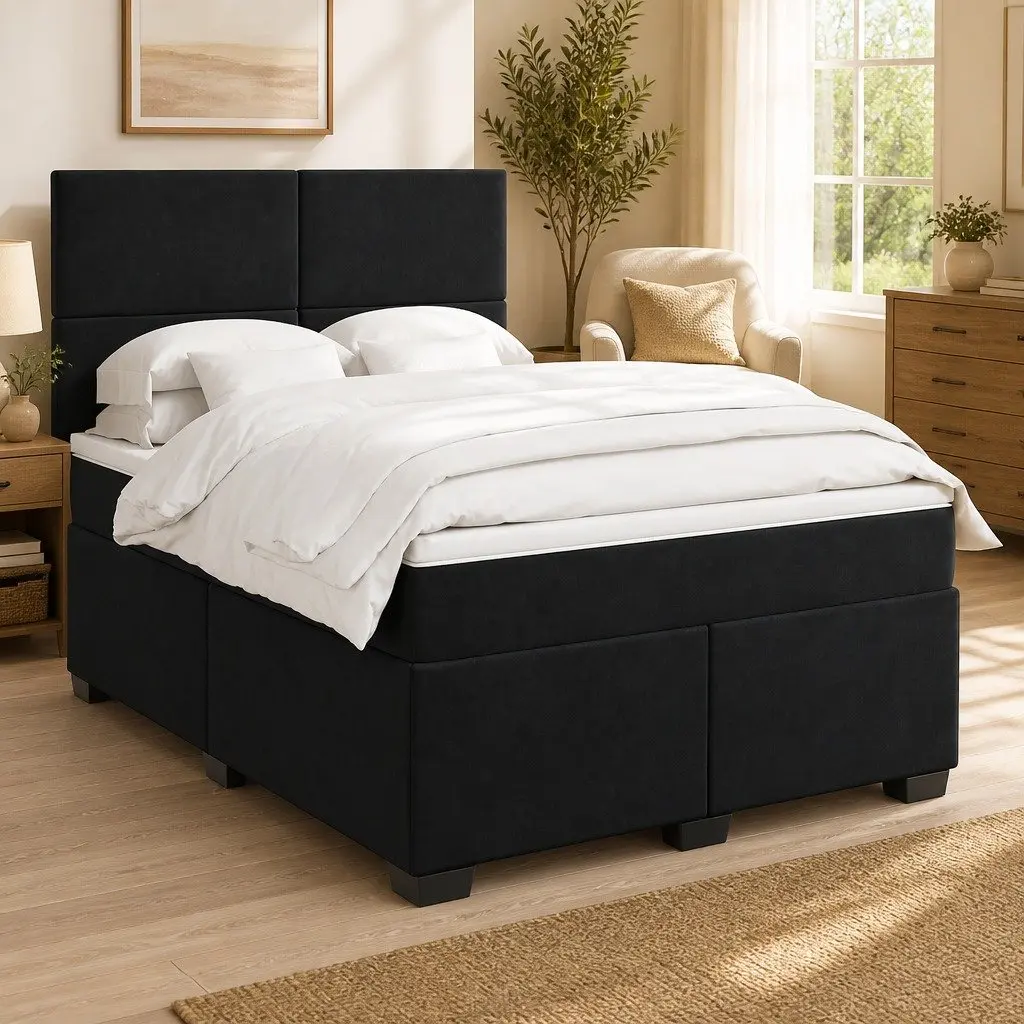 Queen Size Box Spring Bed with Mattress Black Velvet Bed Frame LED Headboard