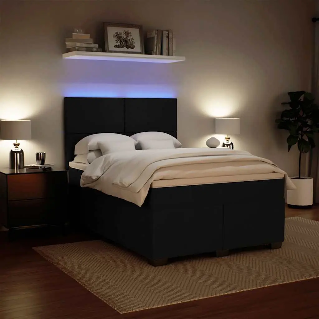 Queen Size Box Spring Bed with Mattress Black Velvet Bed Frame LED Headboard