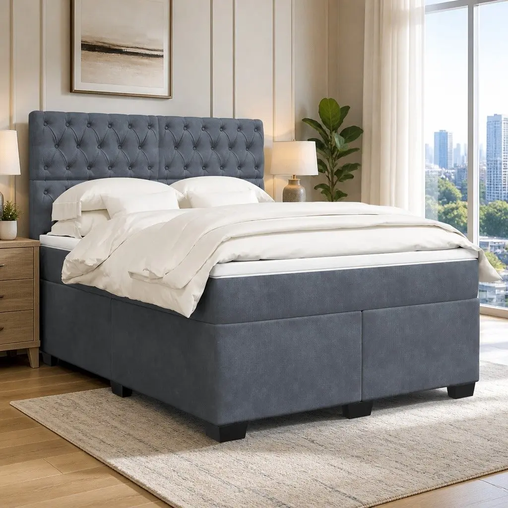 Queen Bed with Adjustable Headboard Pocket Sprung Mattress Velvet Fabric and LED Lights Dark Grey
