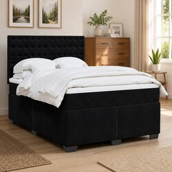 Queen Box Spring Bed with Pocket Mattress LED Lights Adjustable Headboard Black