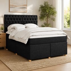 Double Box Spring Bed with Pocket Mattress LED Headboard Black Fabric