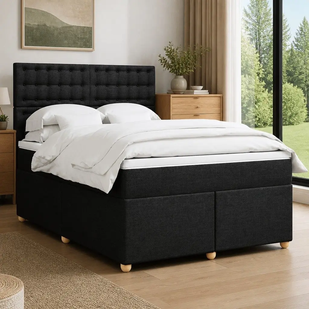 Double Box Spring Bed Pocket Mattress LED Headboard Black Fabric