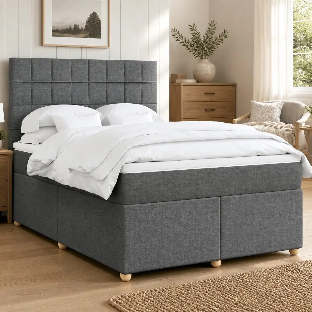 Queen Size Box Spring Bed with Dark Grey Fabric Mattress and LED Headboard