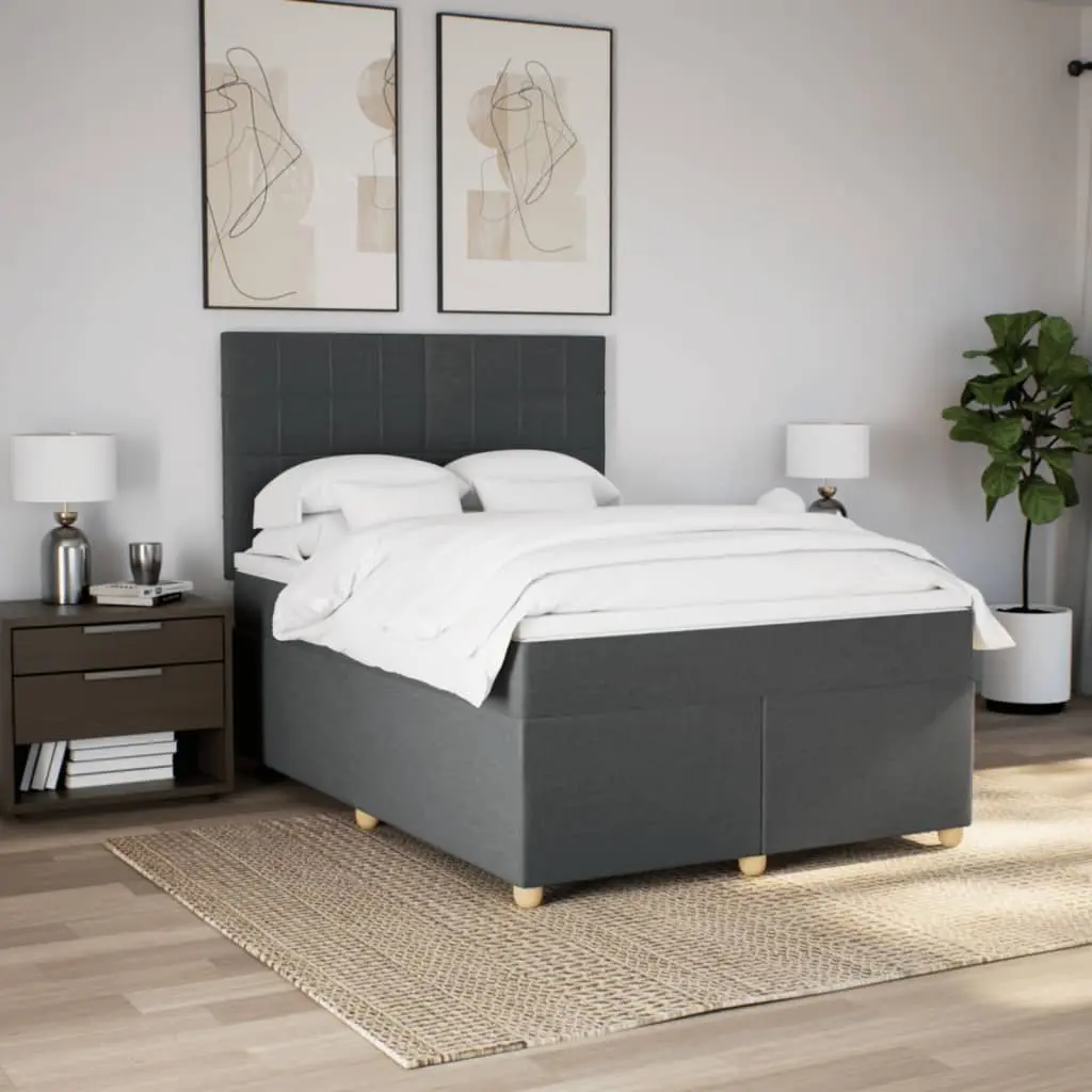 Queen Size Box Spring Bed with Dark Grey Fabric Mattress and LED Headboard