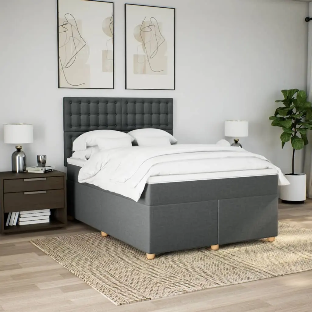 Queen Box Spring Bed with Pocket Mattress Adjustable Headboard LED Lights Grey