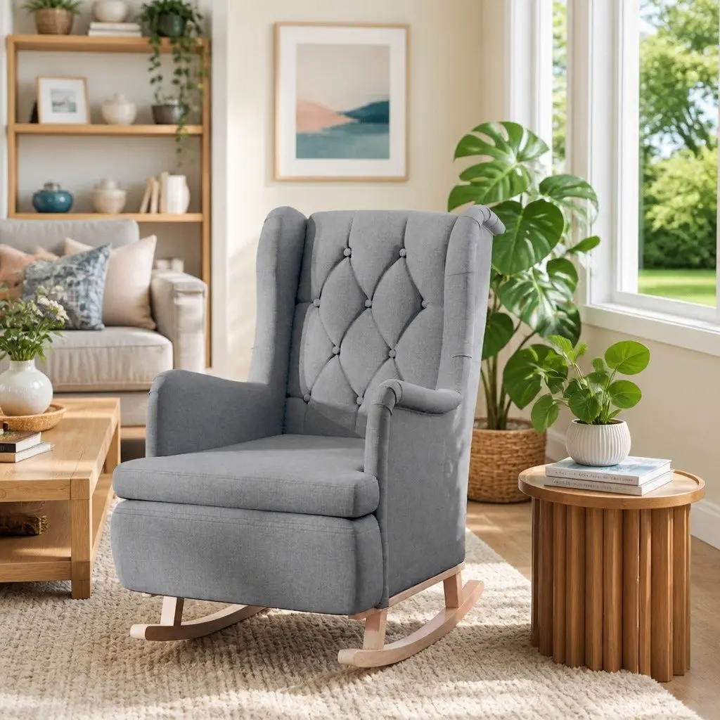 Armchair with Rocking Legs Grey Fabric Padded Foam Upholstered Living Room