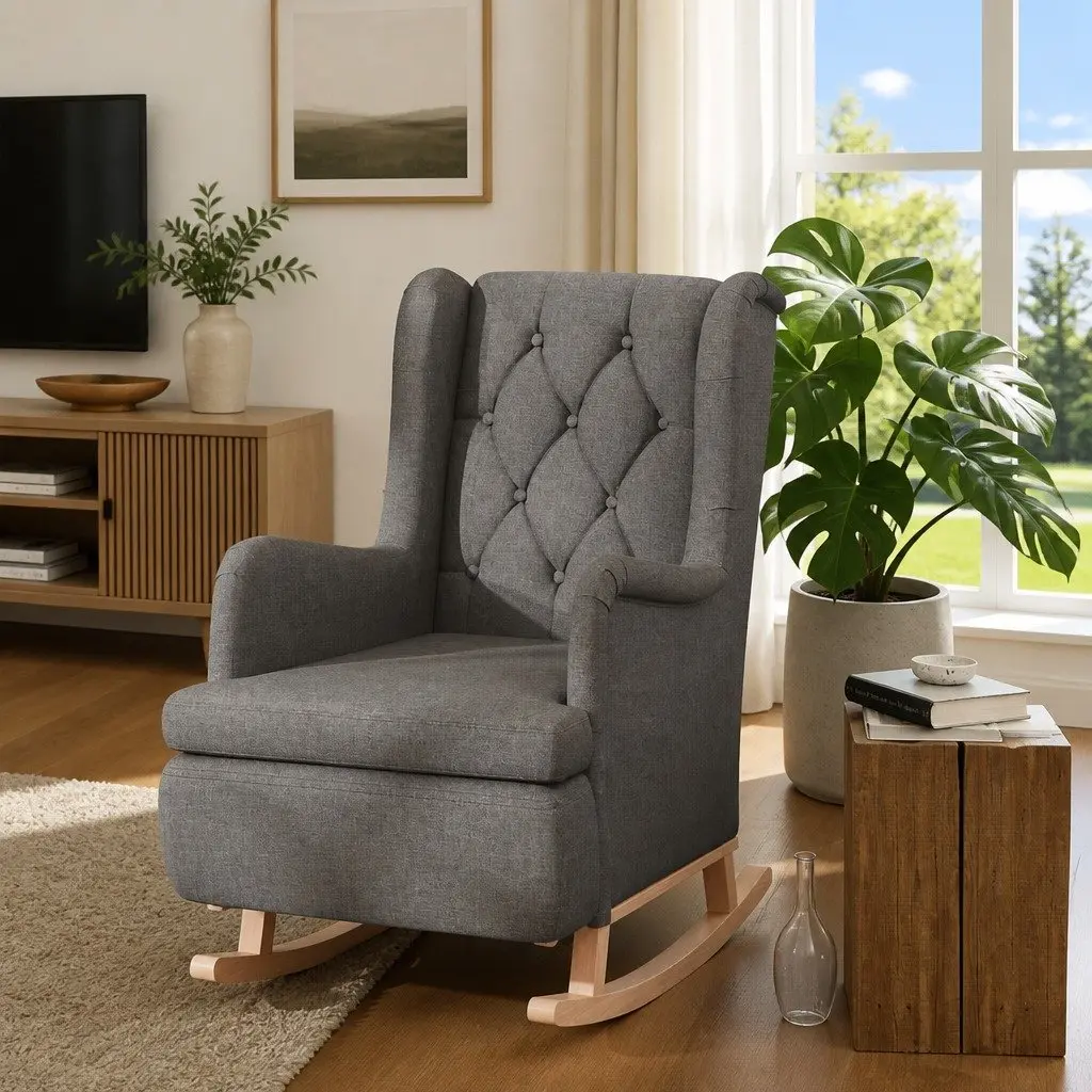 Armchair Grey Fabric Padded Foam Seat Rocking Legs