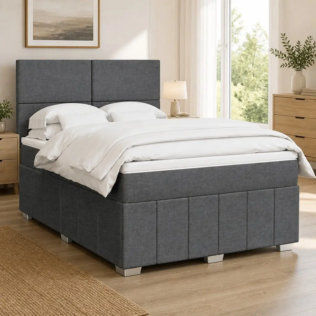 Queen Box Spring Bed with Pocket Spring Mattress Adjustable Headboard LED Lights Grey Fabric