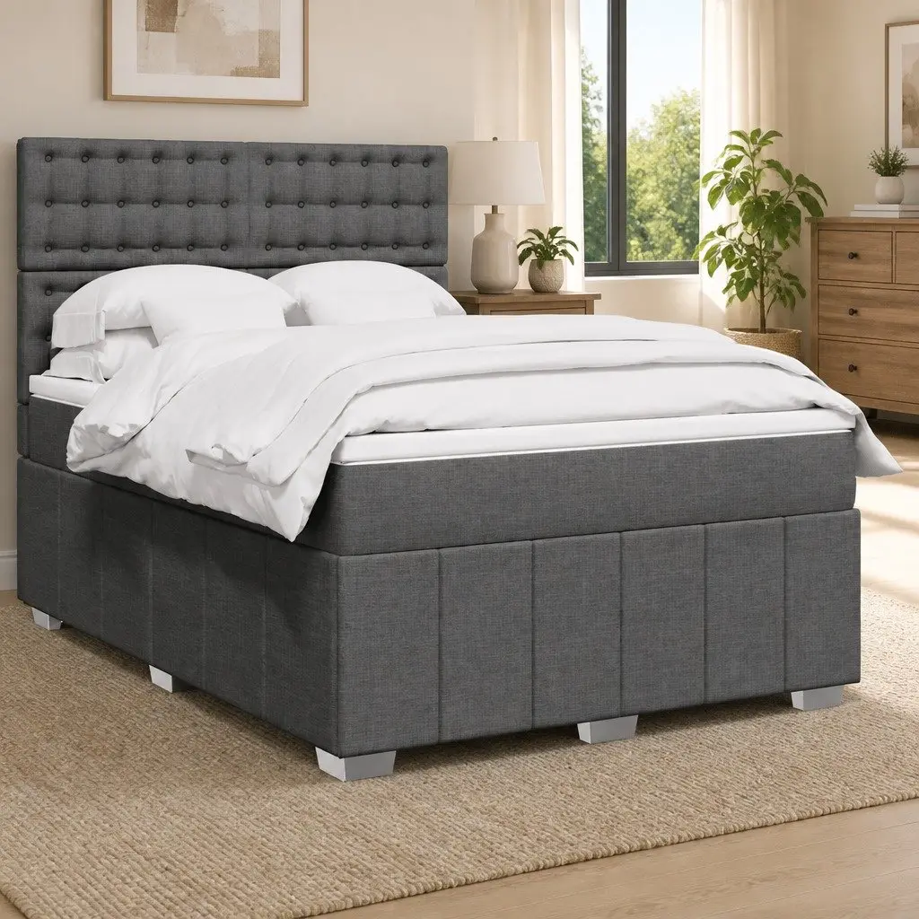 Queen Box Spring Bed Pocket Spring Mattress Adjustable Headboard LED Lights Grey