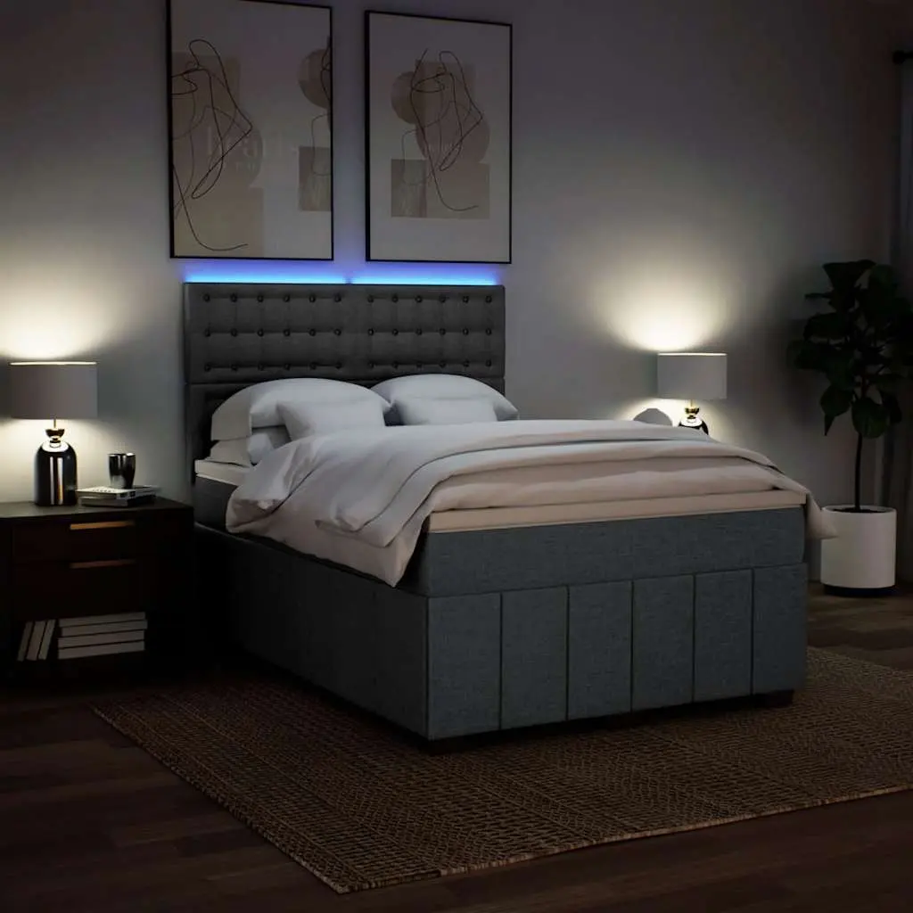 Queen Box Spring Bed Pocket Spring Mattress Adjustable Headboard LED Lights Grey