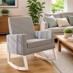 Rocking Chair Grey Fabric Upholstered Armchair Wooden Frame Lounge Seat