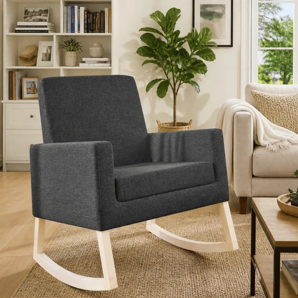 Rocking Chair Grey Fabric Upholstered Wooden Armrest Relaxing Lounge Seating