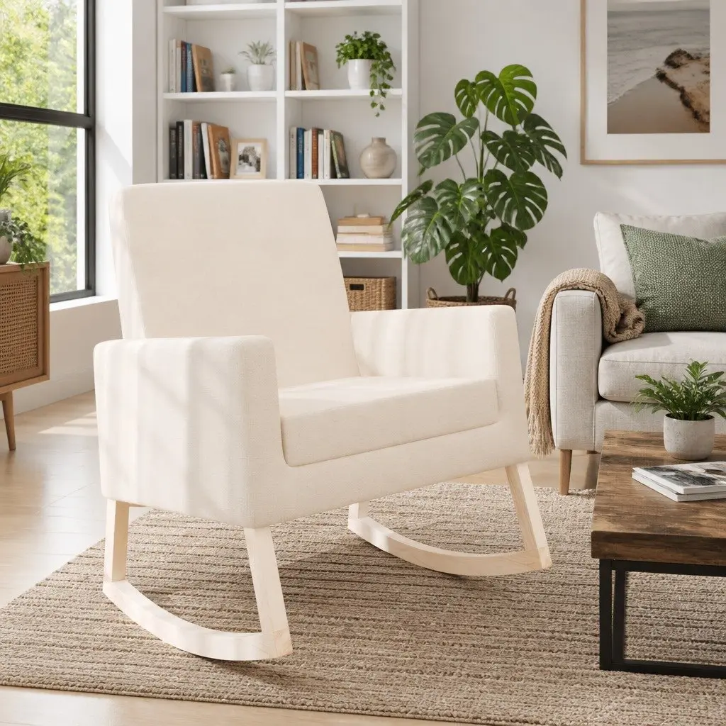 Rocking Chair Cream Fabric Upholstered Armchair with Wooden Frame for Living
