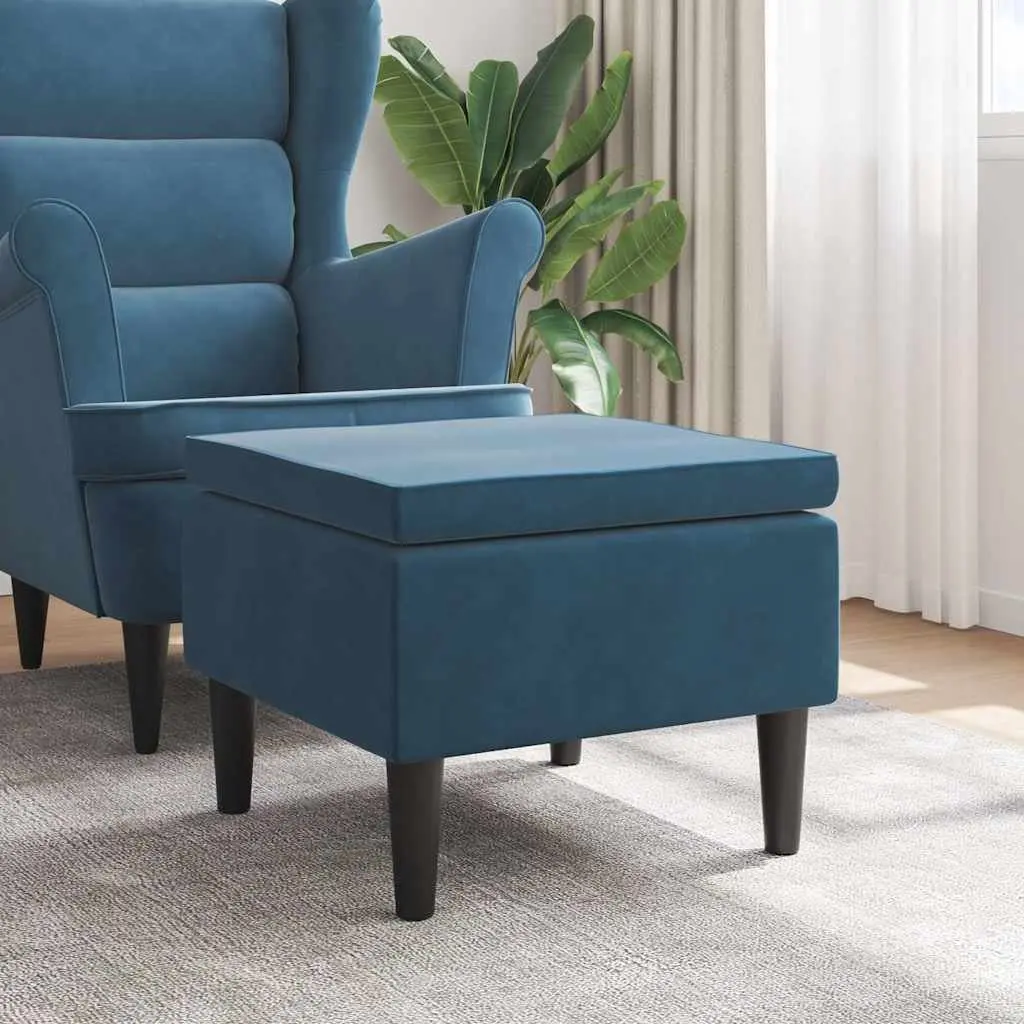 Blue Velvet Stool with Wooden Legs