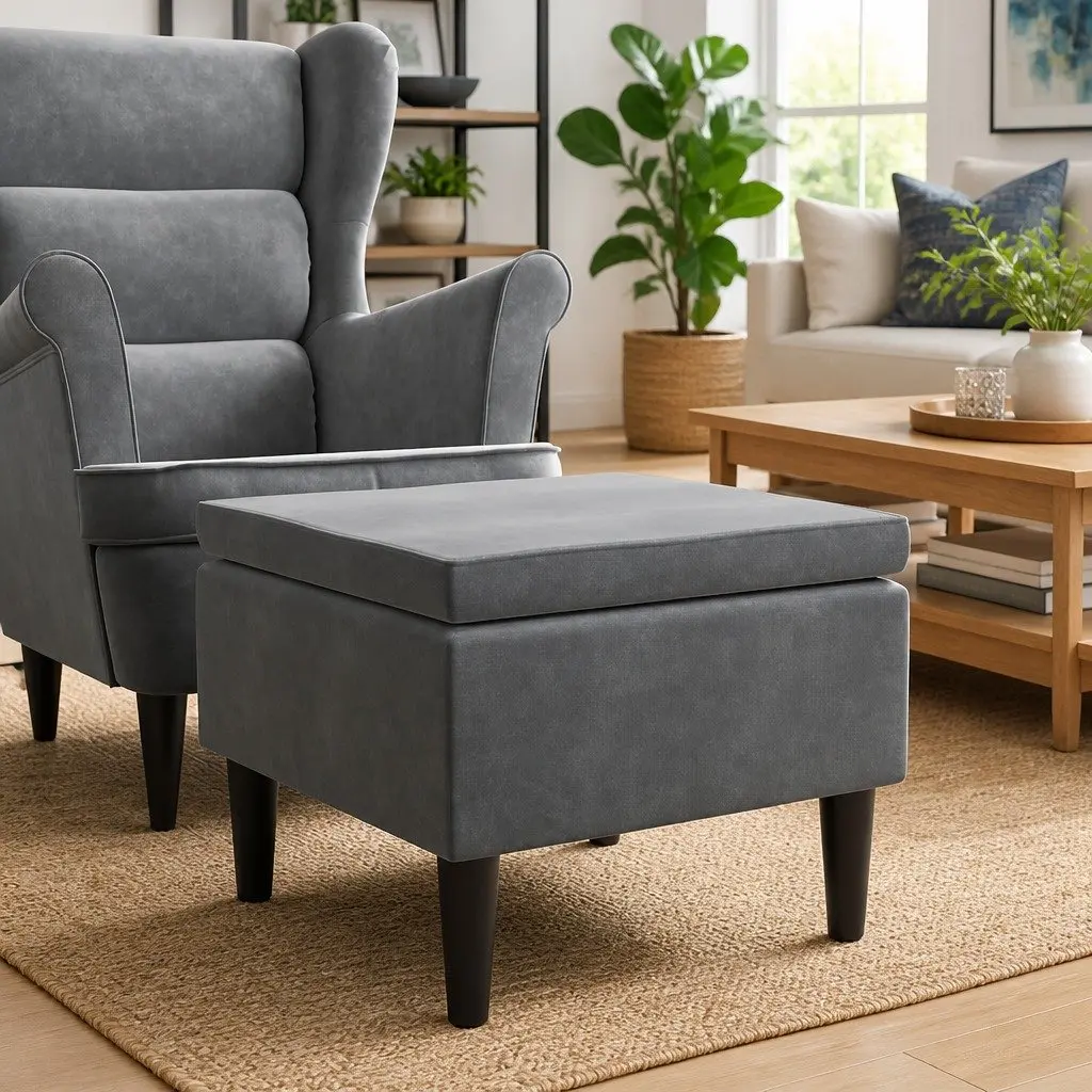 Dark Grey Velvet Stool with Wooden Legs Footrest Ottoman Seat Padding