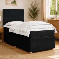 Box Spring Bed with Pocket Mattress LED Lights King Single Black Fabric