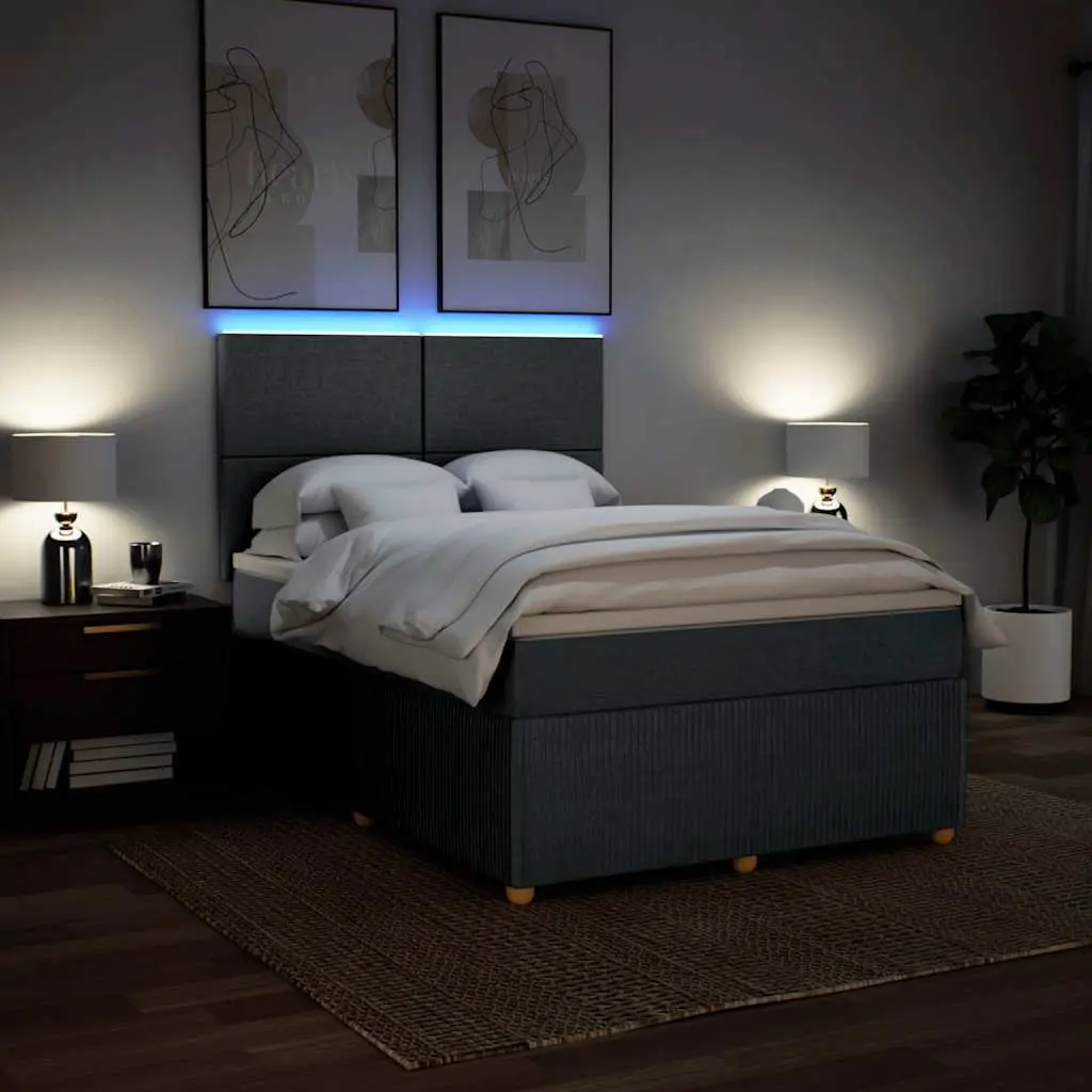 Queen Box Spring Bed with Pocket Spring Mattress Adjustable Headboard LED Lights Grey Fabric Frame