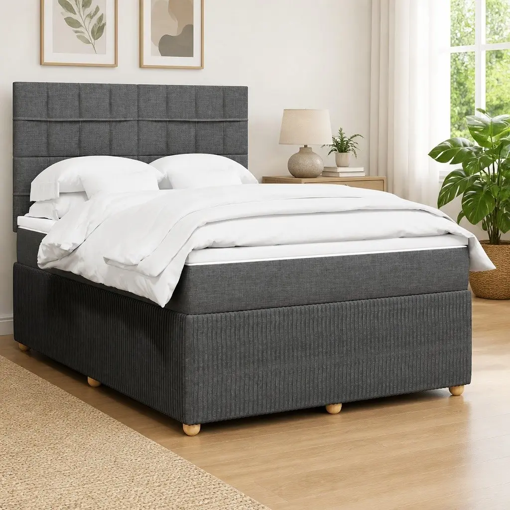 Queen Bed Frame with Mattress Dark Grey Fabric Box Spring Bed with LED Lights