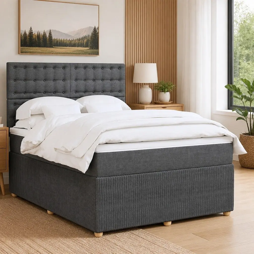 Queen Box Spring Bed with Pocket Spring Mattress and LED Lights Grey Fabric