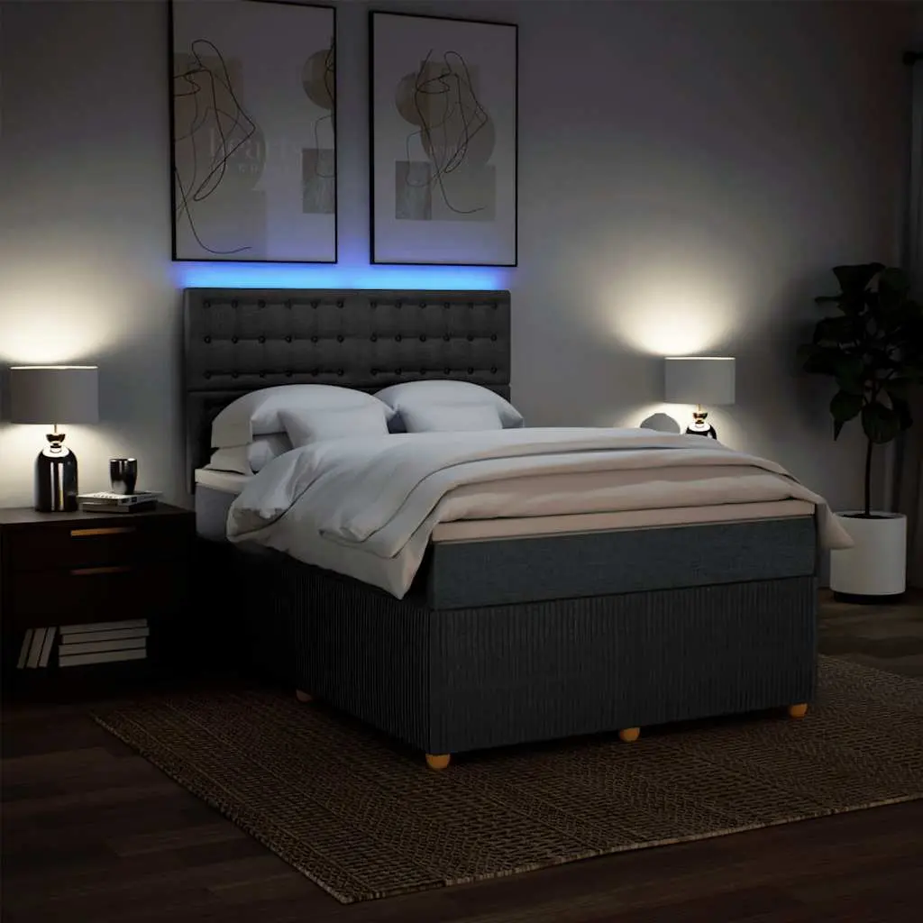 Queen Box Spring Bed with Pocket Spring Mattress and LED Lights Grey Fabric