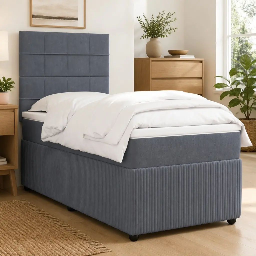 Box Spring Bed King Single Velvet Pocket Spring Mattress LED Lights Grey