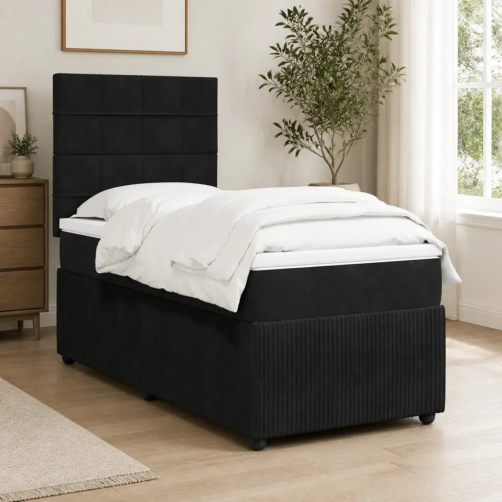 King Single Box Spring Bed Velvet Fabric Pocket Mattress Adjustable Headboard LED Lights