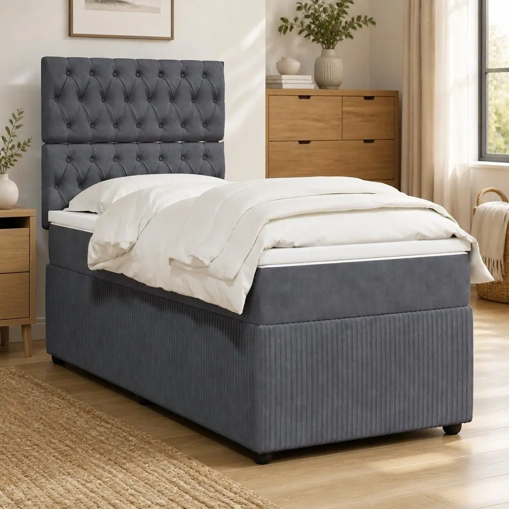 Box Spring Bed King Single with Pocket Spring Mattress Velvet Upholstery LED Lights Grey