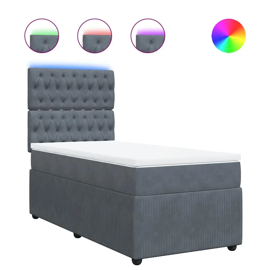 Box Spring Bed King Single with Pocket Spring Mattress Velvet Upholstery LED Lights Grey