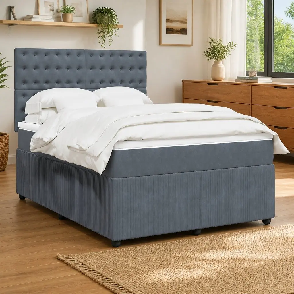 Double Bed with Height Adjustable Headboard Pocket Spring Mattress LED Lights Grey Velvet