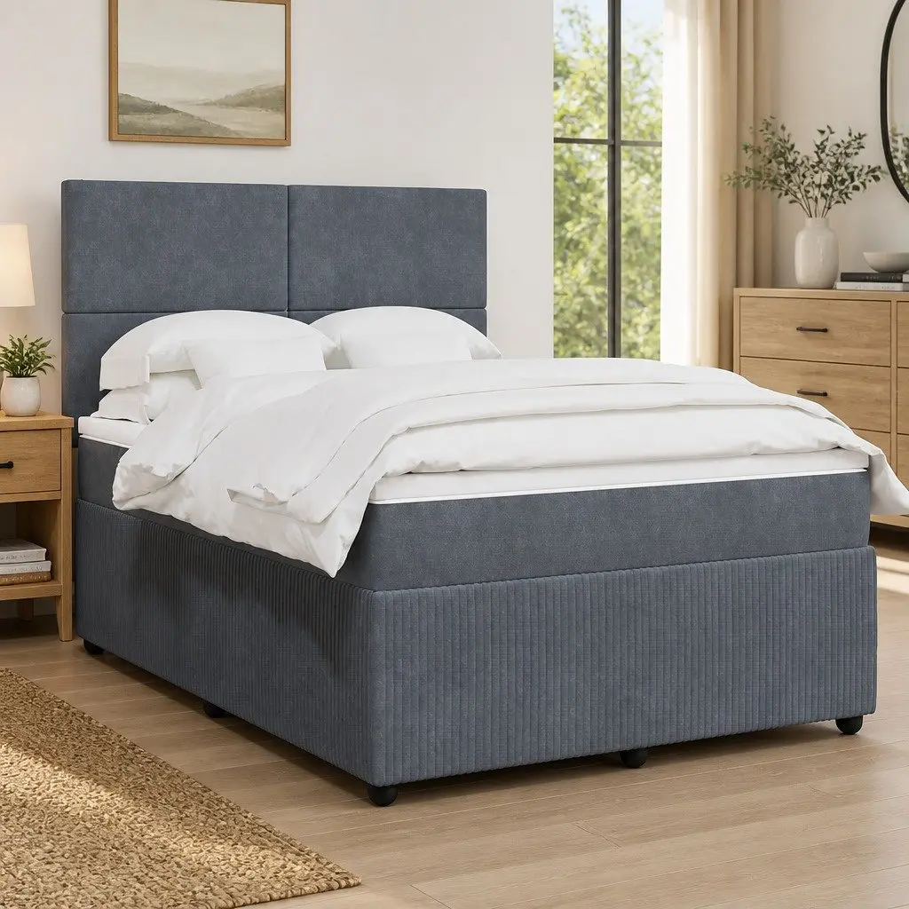 Queen Box Spring Bed with Mattress Dark Grey Velvet Adjustable Headboard