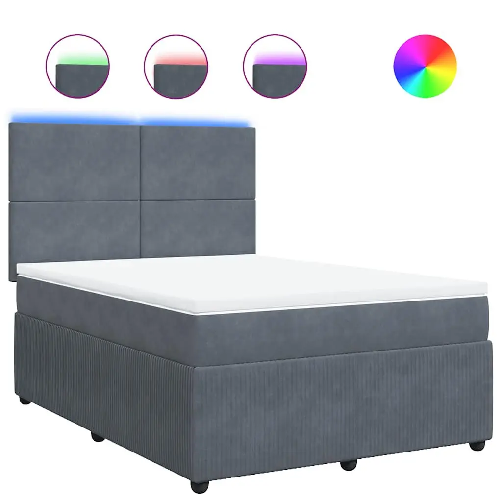 Queen Box Spring Bed with Mattress Dark Grey Velvet Adjustable Headboard