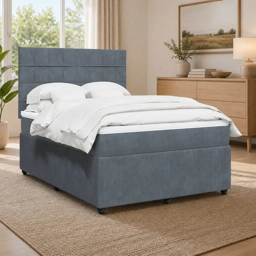 Box Spring Bed with Mattress Queen Size Dark Grey Velvet LED Headboard