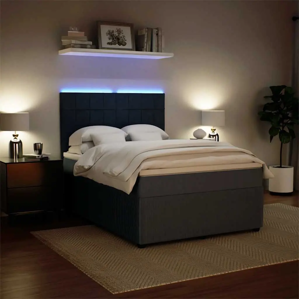 Box Spring Bed with Mattress Queen Size Dark Grey Velvet LED Headboard