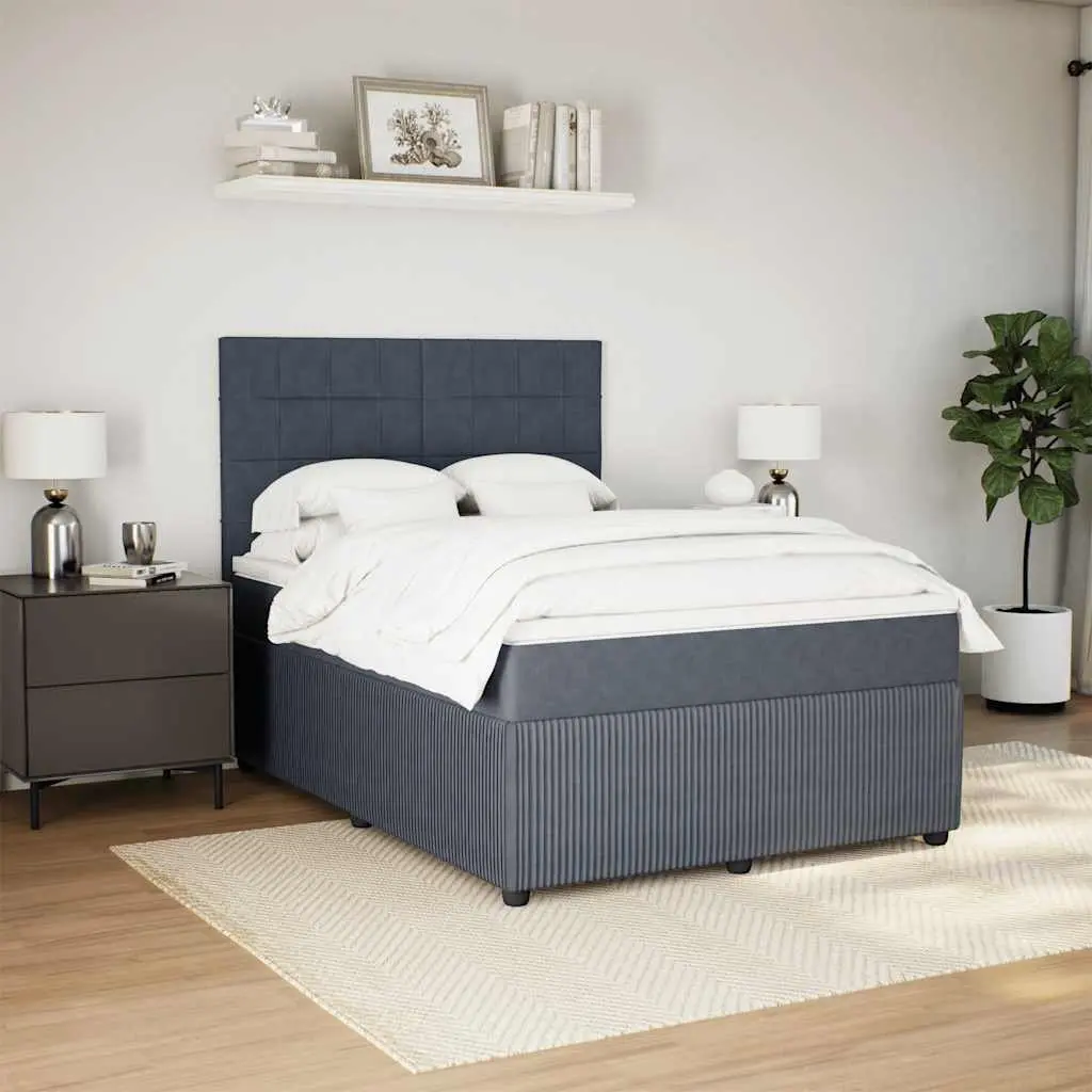 Box Spring Bed with Mattress Queen Size Dark Grey Velvet LED Headboard