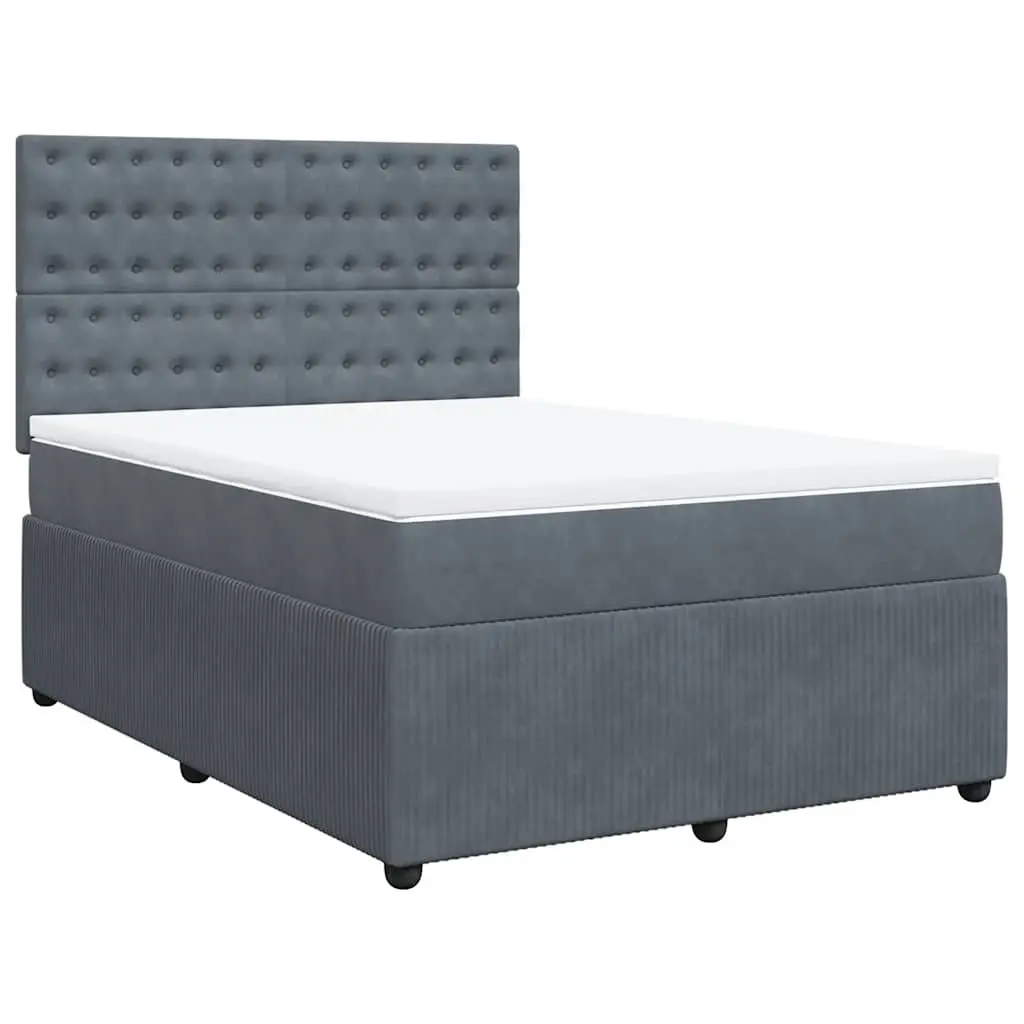 Queen Box Spring Bed with Mattress Dark Grey Velvet LED Headboard
