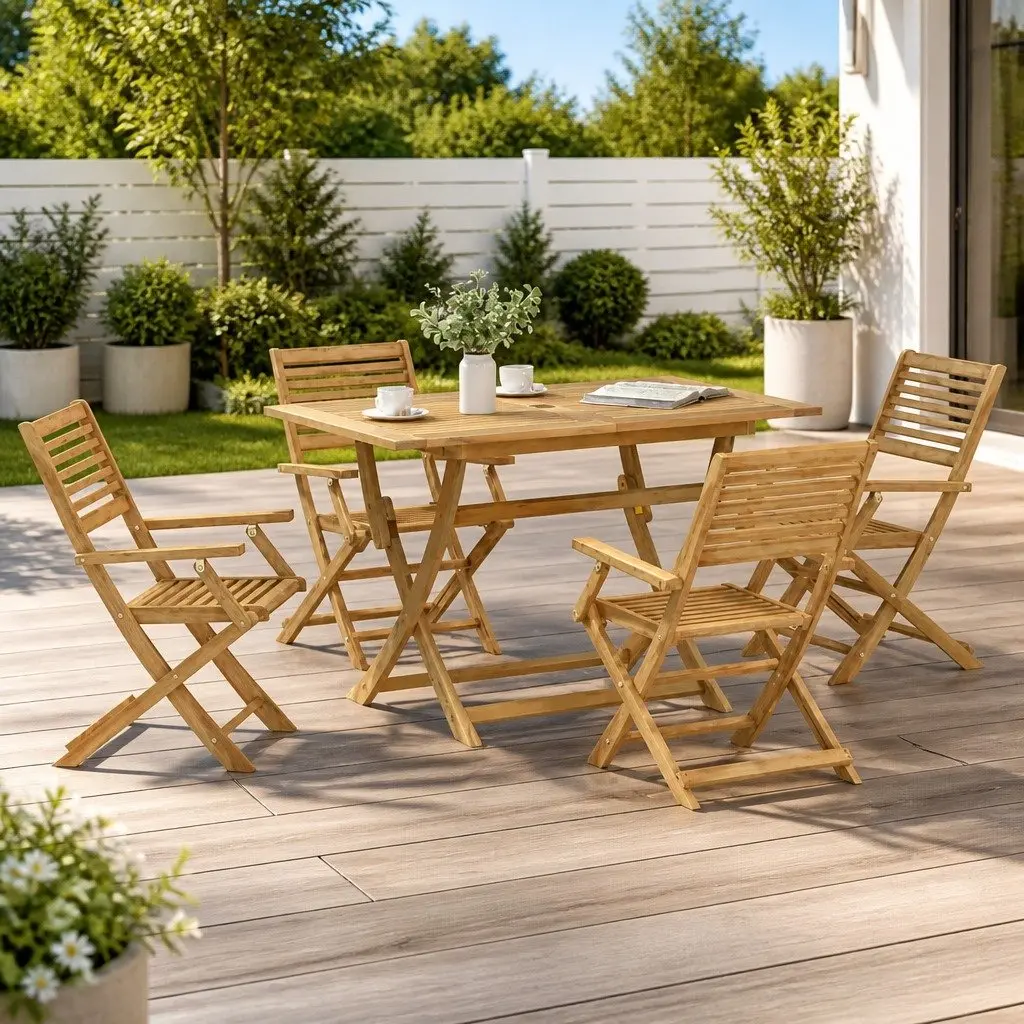 Outdoor Dining Set Solid Acacia Wood 5 Piece Garden Table Chair Backrest